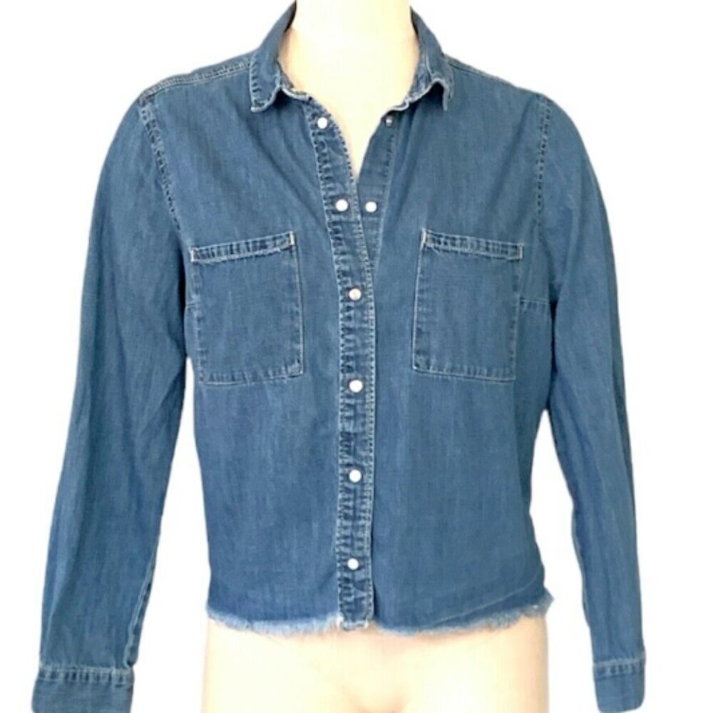 Divided H&M Blue Denim/Chambray Snap Front Cropped Shirt Girls Sz 14 #359J